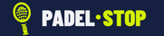 PADEL STOP logo with a racket icon on a black background